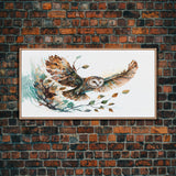 Flying owl with trees, leaves, forest double exposure, nature animal, owl illusion art, wrapped framed canvas print, office wall art