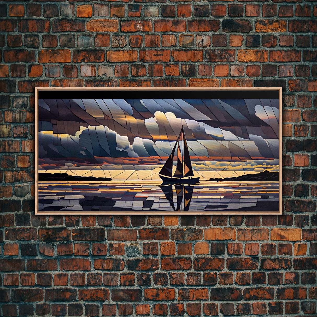 Art Deco Stained Glass Sail Boat Wall Art | Framed Canvas Print | Nautical Art | Seascape Art | Beach House Decor