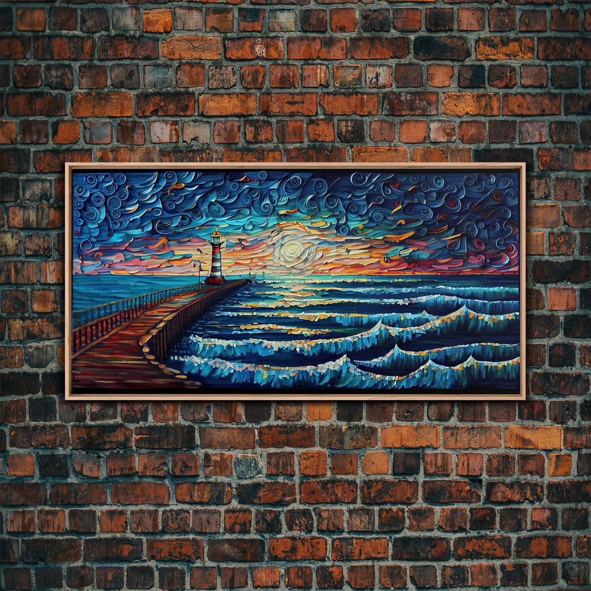 Starry Night Style Light House - Framed Canvas Print - Lighthouse and Beach Art - Lakehouse Art - Beach House - Living Room Decor