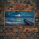 Full Moon Over Beach & Ocean Waves - Framed Canvas Print - Lighthouse and Beach Art - Lakehouse Art - Beach House - Living Room Decor