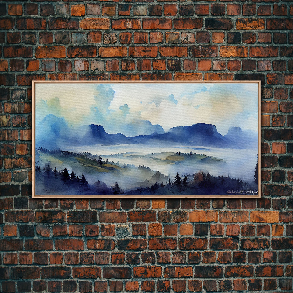 Panoramic Blue Mountain Valley Watercolour Art Canvas Print, Misty Rolling Hills Watercolor Landscape Painting Extra Large Panorama Print