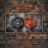 Gears Wall Art, Mechanical Design Wall Decor, Steampunk Art, Red Black, Panoramic Wall Decor, Canvas Print, Wall Art, Framed Canvas Art