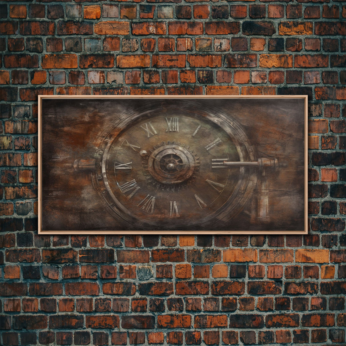 Clock Wall Decor, Steampunk Wall Art, Brown Grunge Wall Art, Panoramic Wall Decor, Canvas Print, Wall Art, Framed Canvas Art