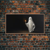 The Ghost With The Candle, Framed Canvas Print, Dark Academia Wall Art, Victorian Oil Painting Style Halloween Wall Art, Ghost Print