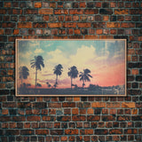 Distressed Old Photo Of Miami Beaches In the 1980s - Framed Canvas Print - Photography Print - Vaporwave Aesthetic Wall Art