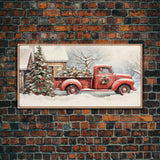 Christmas Tree Delivery - Retro Farmhouse Christmas Decor - Old Red Truck Delivering Christmas Trees - Framed Canvas Print - Holiday Decor