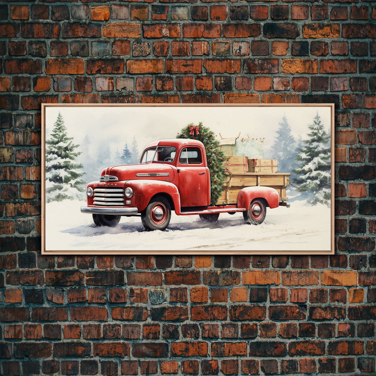 Christmas Tree Delivery - Retro Farmhouse Christmas Decor - Old Red Truck Delivering Christmas Trees - Framed Canvas Print - Holiday Decor