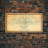 Vintage Wichita Kansas map print poster or framed canvas, Wichita map print poster canvas, Wichita city map print poster canvas, Travel Art