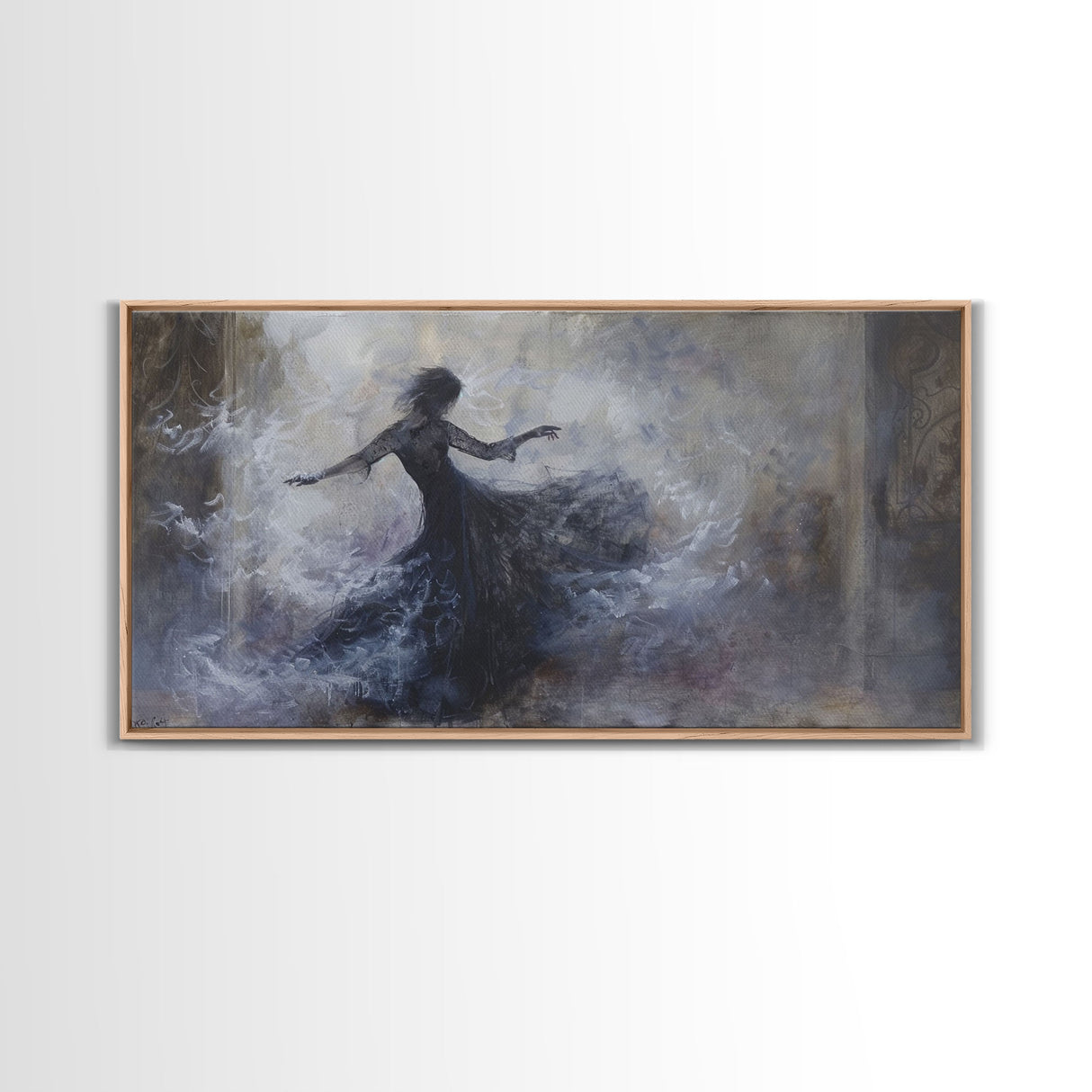 Ballerina Dancing In The Fog, Framed Canvas Print, Halloween Decor, Macabre Dark Academia Wall Art