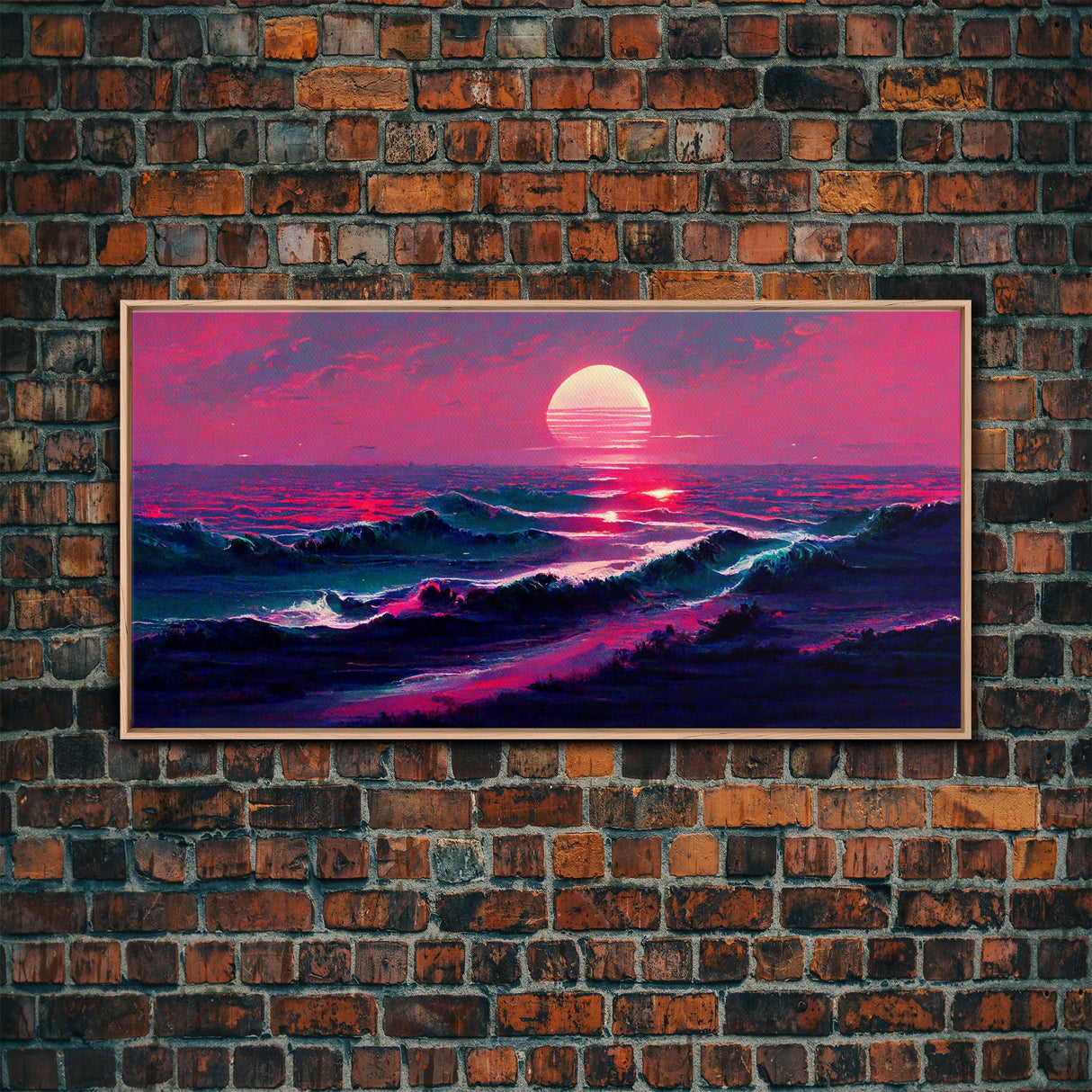 Synth wave sunset, ocean painting canvas print, outrun style, sun set art, wall decor, Made in Texas, ocean sunset, beach vaporwave