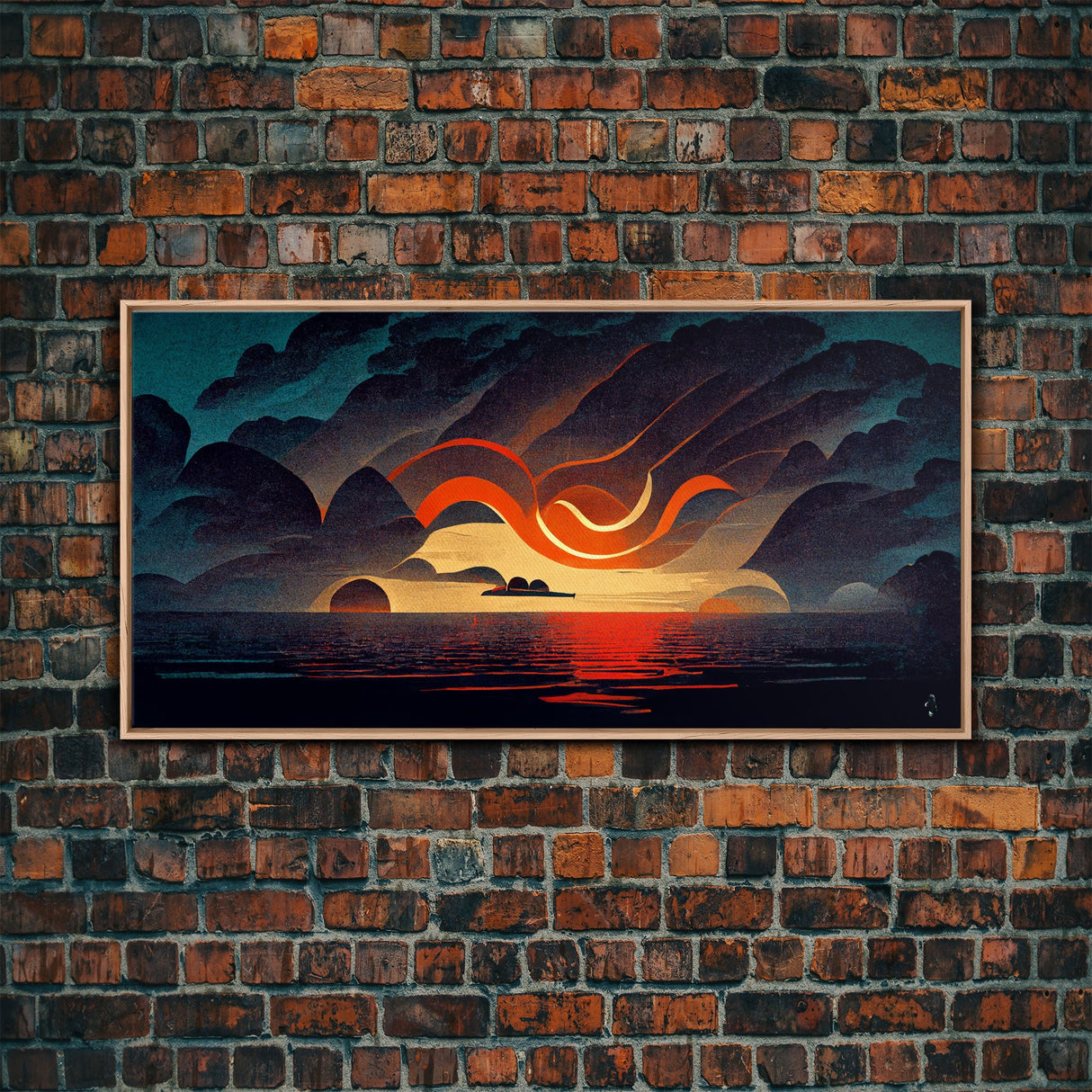 Abstract art deco sunset canvas print, sunset over the vast ocean, living room art