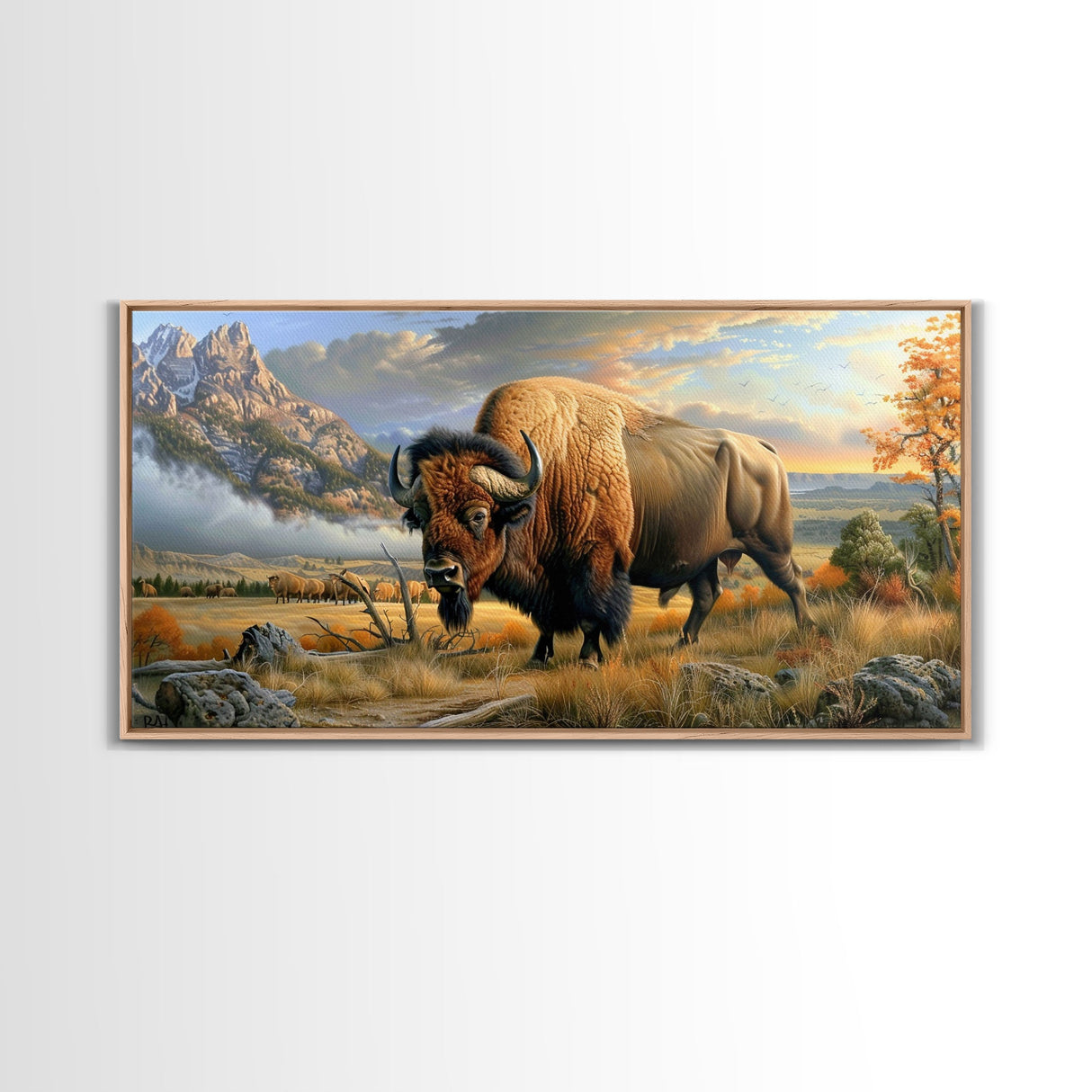 Majestic Bison in Autumn Landscape, Framed Canvas Print, Perfect for Living Room Art, Rustic Home Decor, Western Themed Bedroom Wall Art