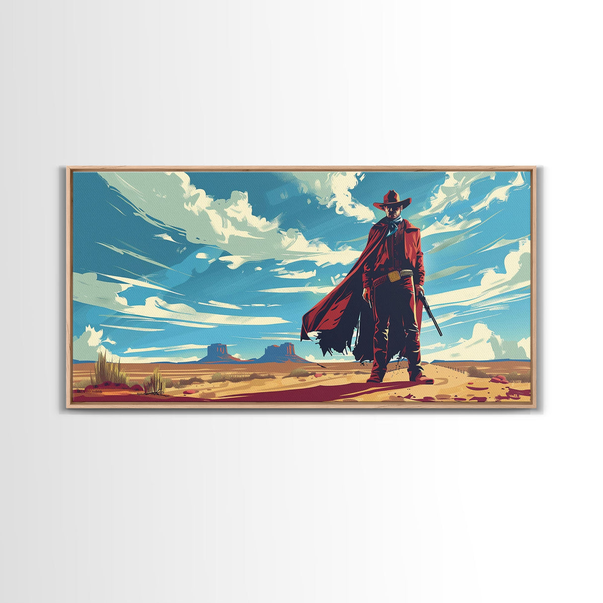 Lone Cowboy in Expansive Desert Landscape, Stunning Wall Art, Framed Canvas Print, Boho Living Room Decor, Western Home Decoration