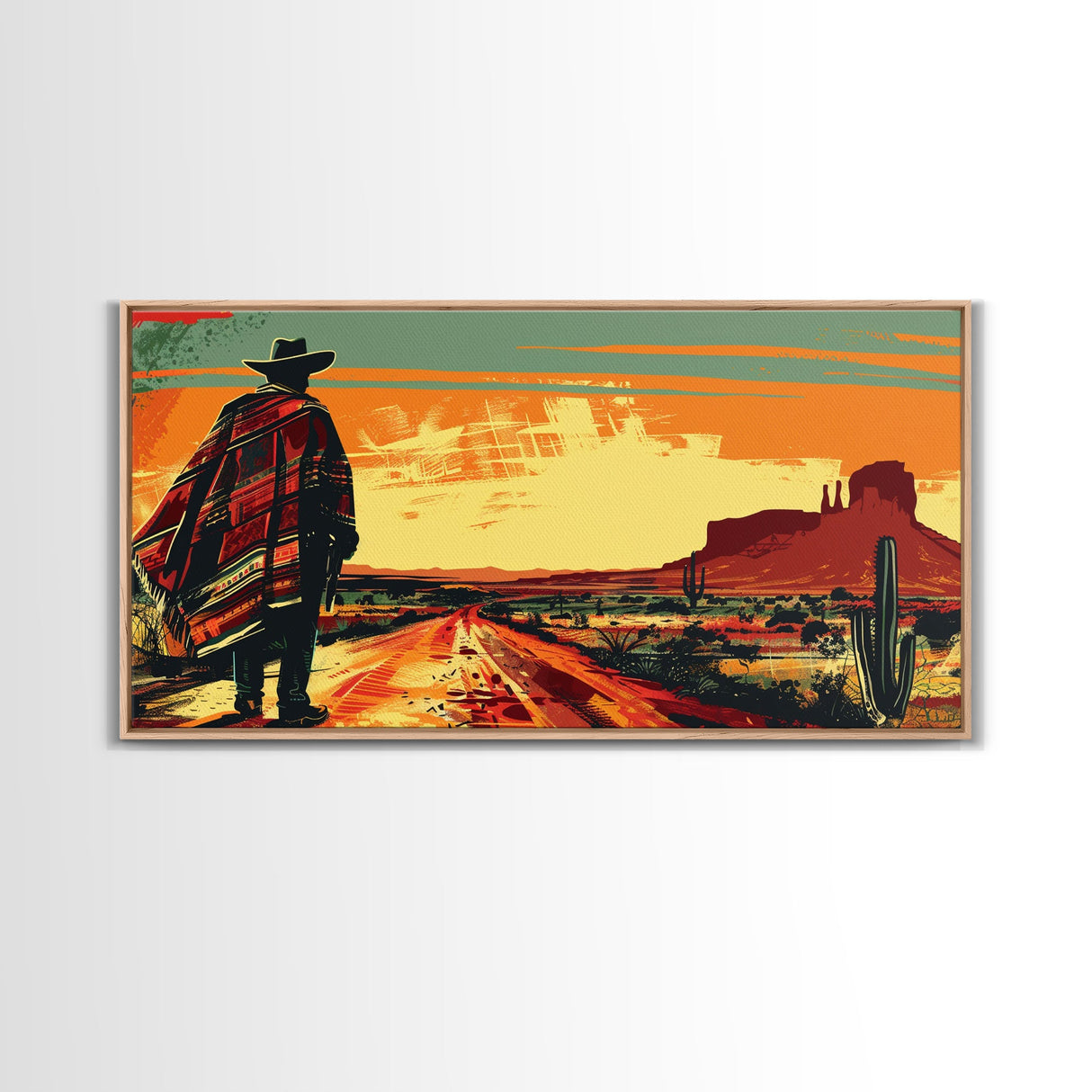 Abstract Cowboy in Desert Sunset Scene, Boho Bedroom Art, Framed Canvas Print, Modern Living Room Decoration, Rustic Wall Art