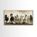 Majestic Running Horses in Dusty Field, Framed Canvas Print, Western Wall Art, Living Room Decor, Nature Scene, Horse Art