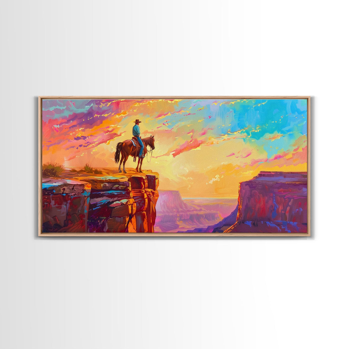 Lone Cowboy at Canyon Edge During Sunset, Farmhouse Style Framed Canvas Print for Bedroom Wall Art, Rustic Home Decor, Western Landscape