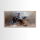 Rodeo Cowboy on Bucking Horse, Farmhouse Style Framed Canvas Print for Bedroom Wall Art, Rustic Home Decor, Western Action Art