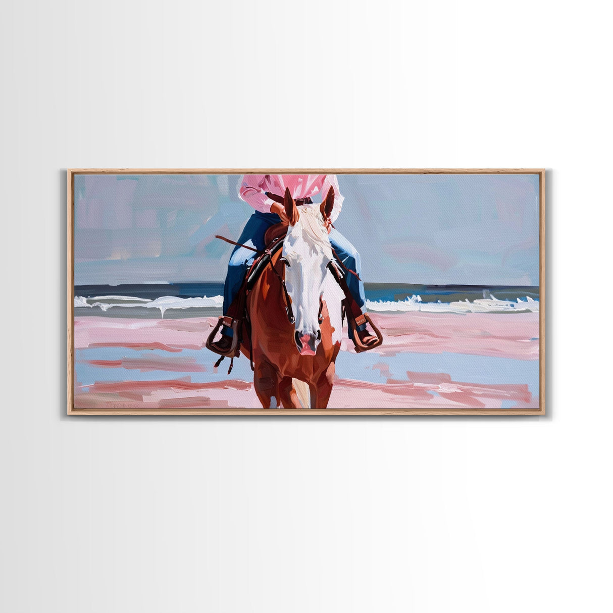 Serene Beach Horse Riding Scene, Elegant Framed Canvas Print, Ideal for Coastal Living Room Art, Beach Bedroom Decor, Horse Wall Art