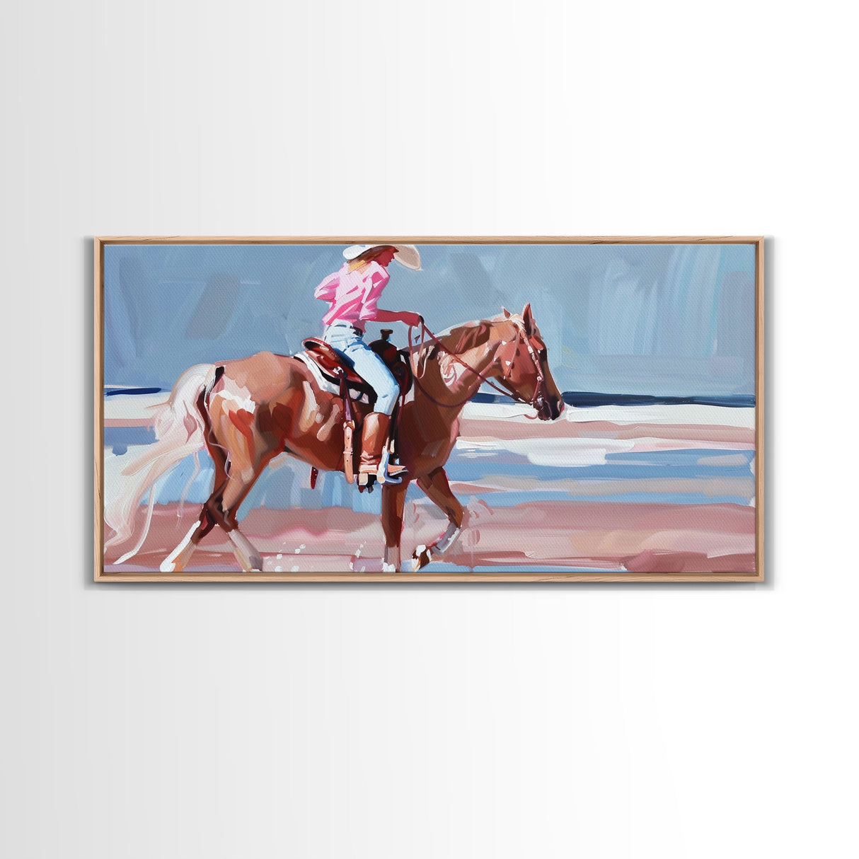 Woman Riding Horse on Beach, Peaceful Framed Canvas Print, Great for Coastal Living Room Art, Beach Bedroom Decor, Equestrian Wall Art