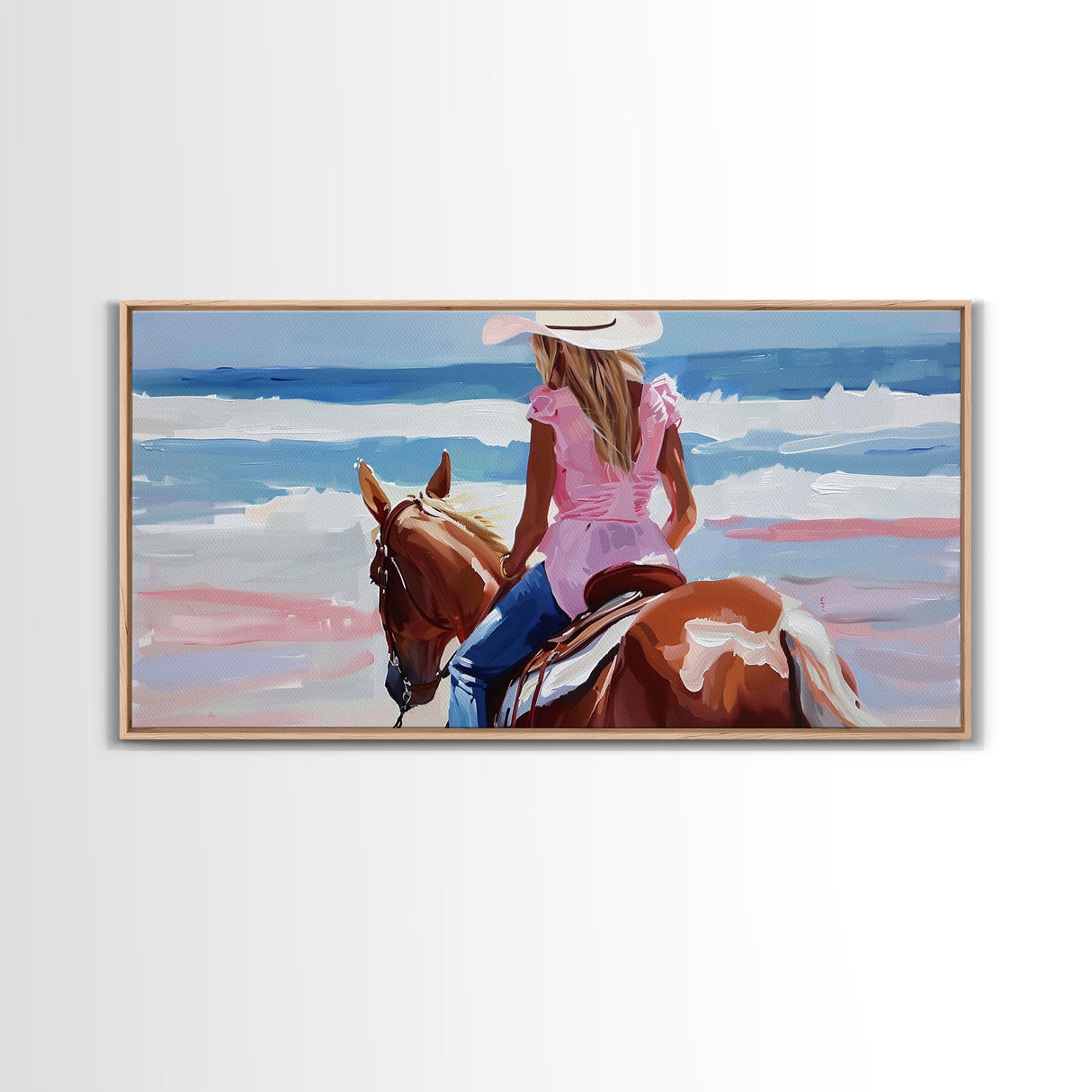 Cowgirl Riding Horse by the Ocean, Tranquil Framed Canvas Print, Perfect for Coastal Living Room Art, Beach Bedroom Decor, Horse Wall Art