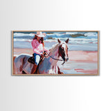 Cowgirl in Pink Shirt Riding Horse by the Sea, Beautiful Framed Canvas Print, Coastal Living Room Art, Beach Bedroom Decor, Horse Art