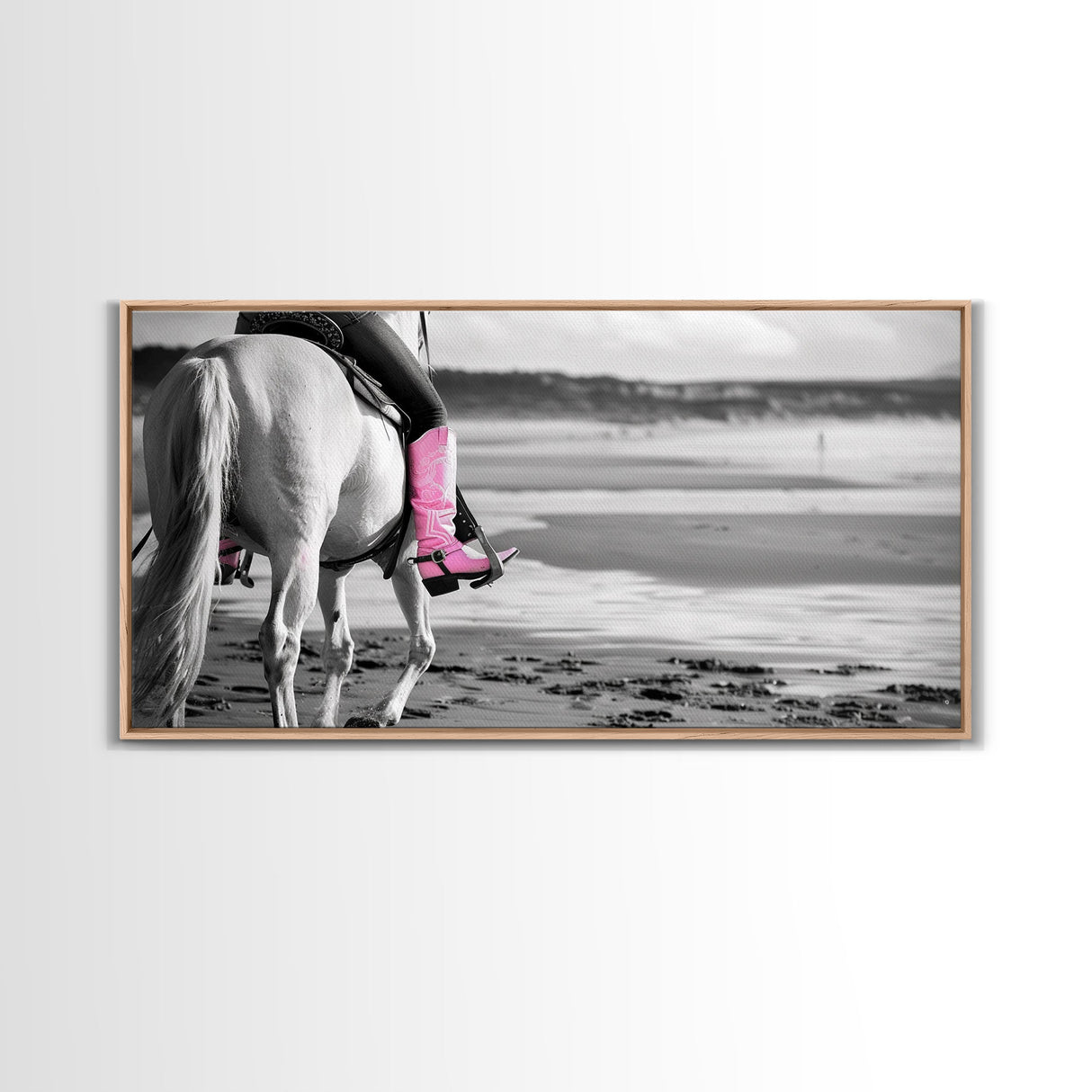 Beach Horseback Rider with Pink Boots, Delightful Framed Canvas Print, Ideal for Living Room or Bedroom Wall Art