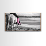 Beach Horseback Rider with Pink Boots, Delightful Framed Canvas Print, Ideal for Living Room or Bedroom Wall Art