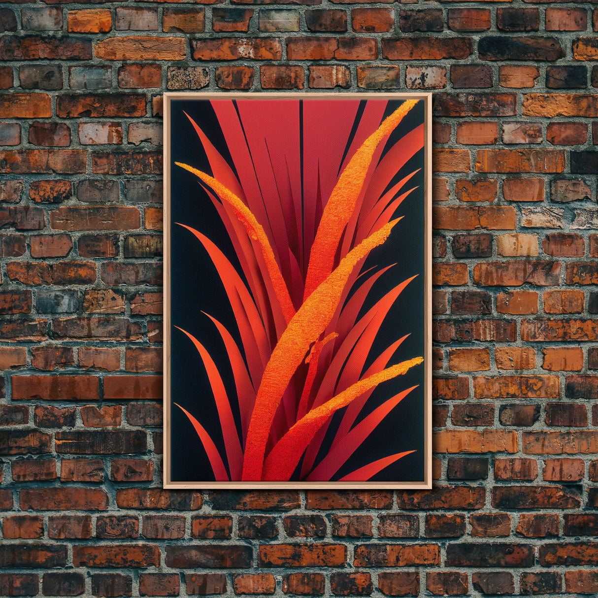 Red Ferns On A Black Background, Abstract Art, Framed Canvas Print, Ready To Hang Framed Wall Art, Living Room Wall Hanging