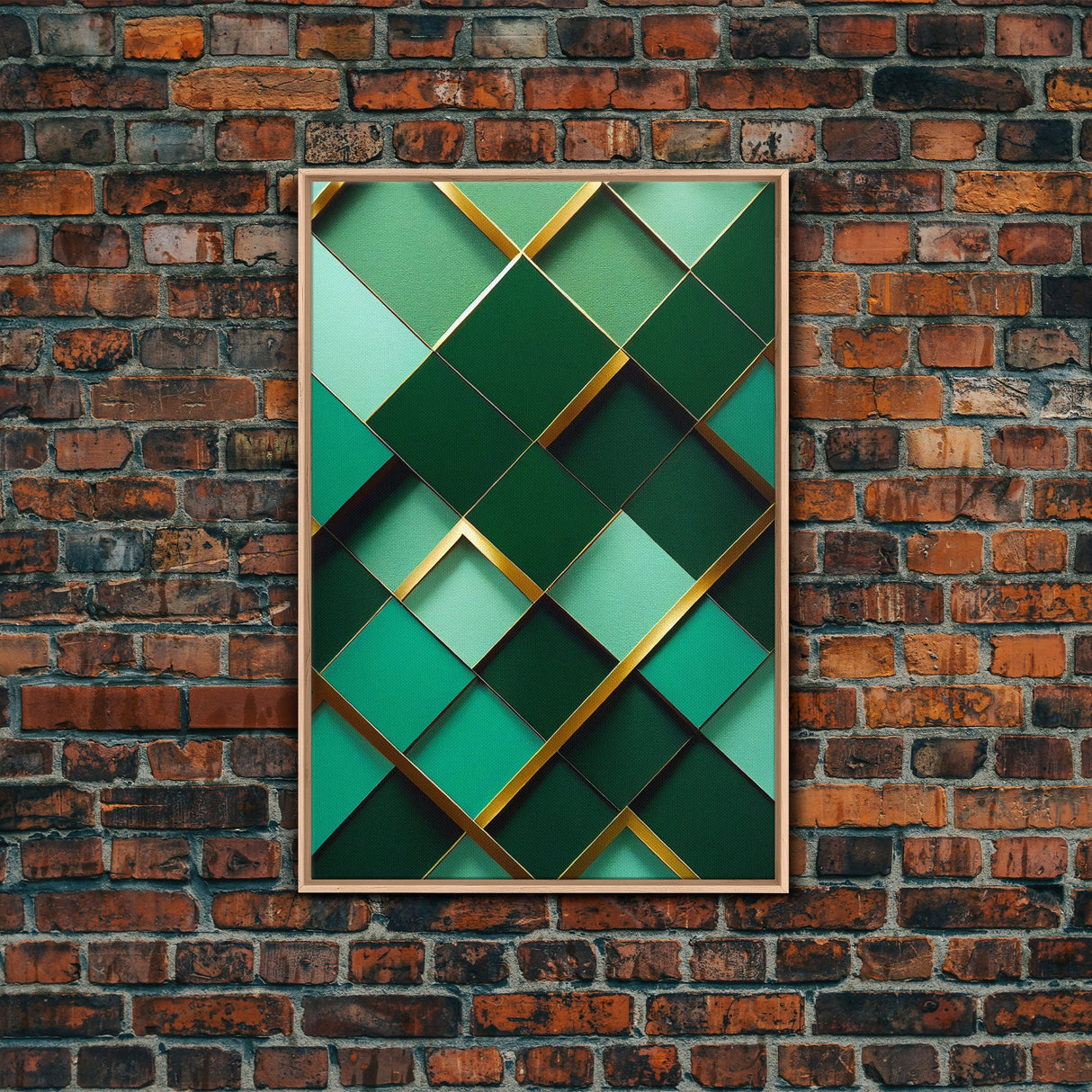 Emerald Green Geometric Abstract Art, Framed Canvas Print, Ready To Hang Framed Wall Art, Living Room Wall Hanging