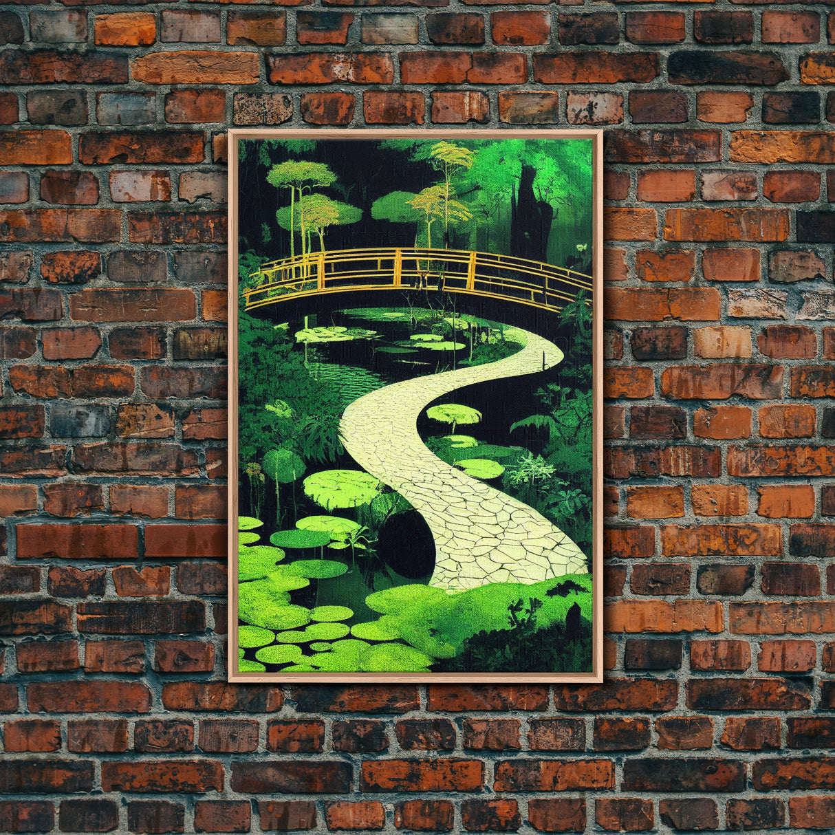 Emerald green Japanese zen garden art, framed canvas print, abstract art