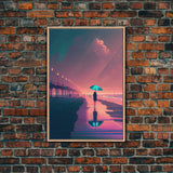 Man With Teal Umbrella Walking On Beach Seashore Pink Fine Art Print, Wall Decor, Wall Poster, Wall Art Print