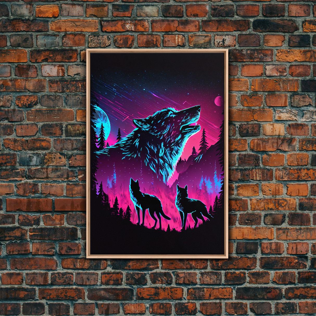 Wolves Howling at the moon, 3 wolf moon, framed canvas print, vaporwave art, Animal art, predator art