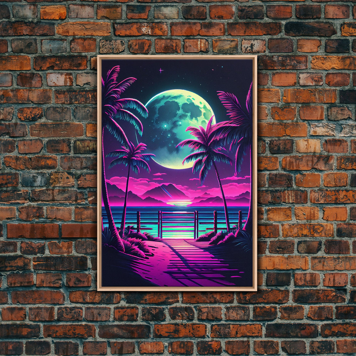 Full Moon over a Florida Beach, Palm Trees, Outrun Style Beach Landscape art, framed canvas Print