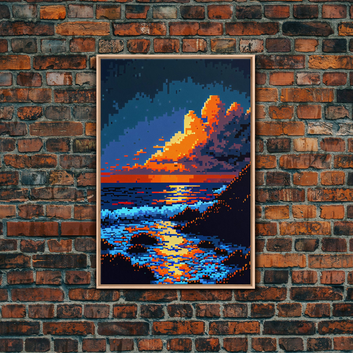 Pixel Art Sunset obscured by clouds, framed canvas print, 8 bit art