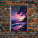 Pink Sunset, Vaporwave Aesthetic pixel art beach sunset, framed canvas print