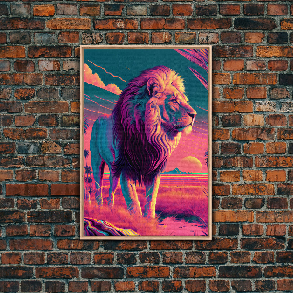 Retro style pastel art, watercolor painting of a lion, framed canvas print, vaporwave aesthetic animal print