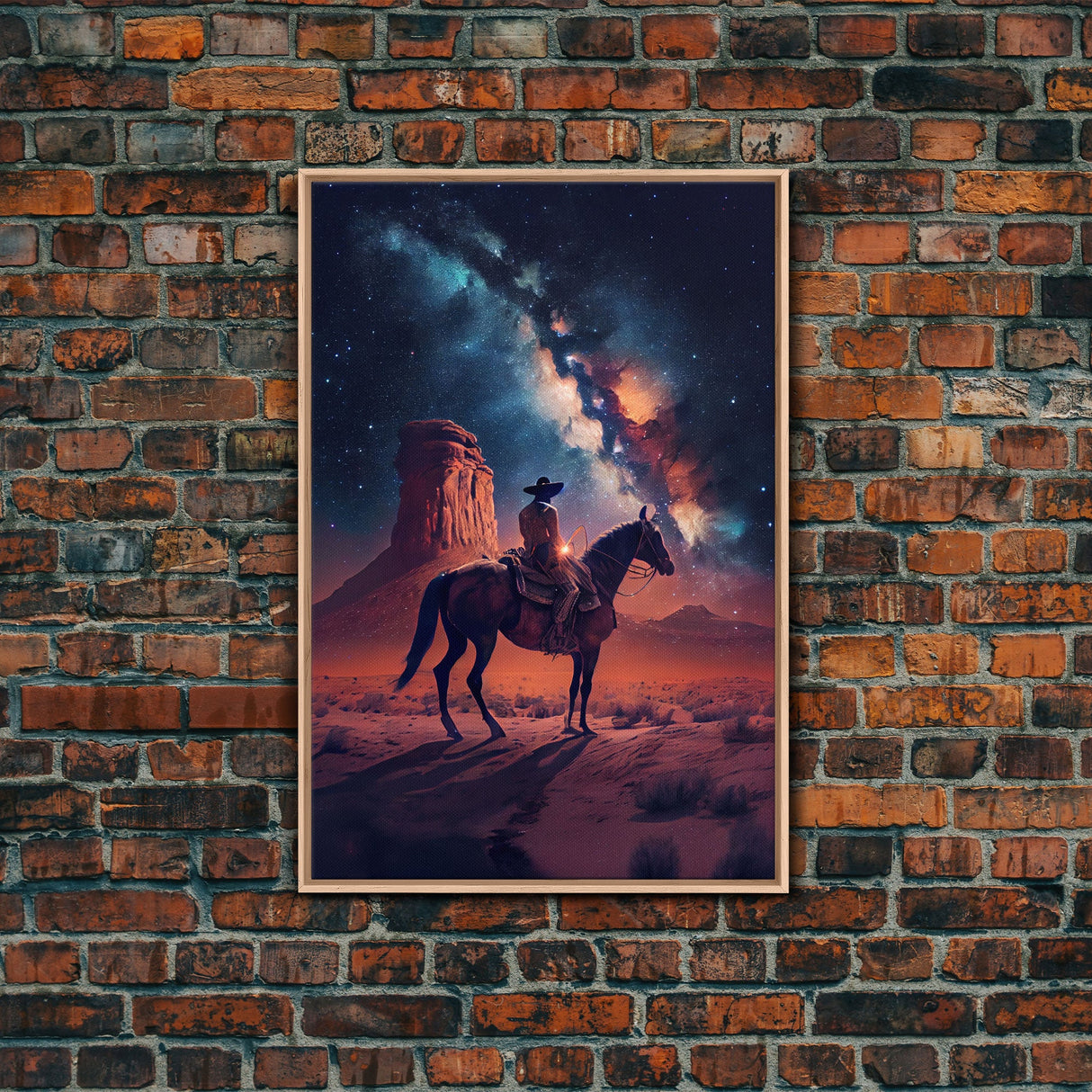 Cowboy contemplating the stars, framed canvas print, wild west art, western decor