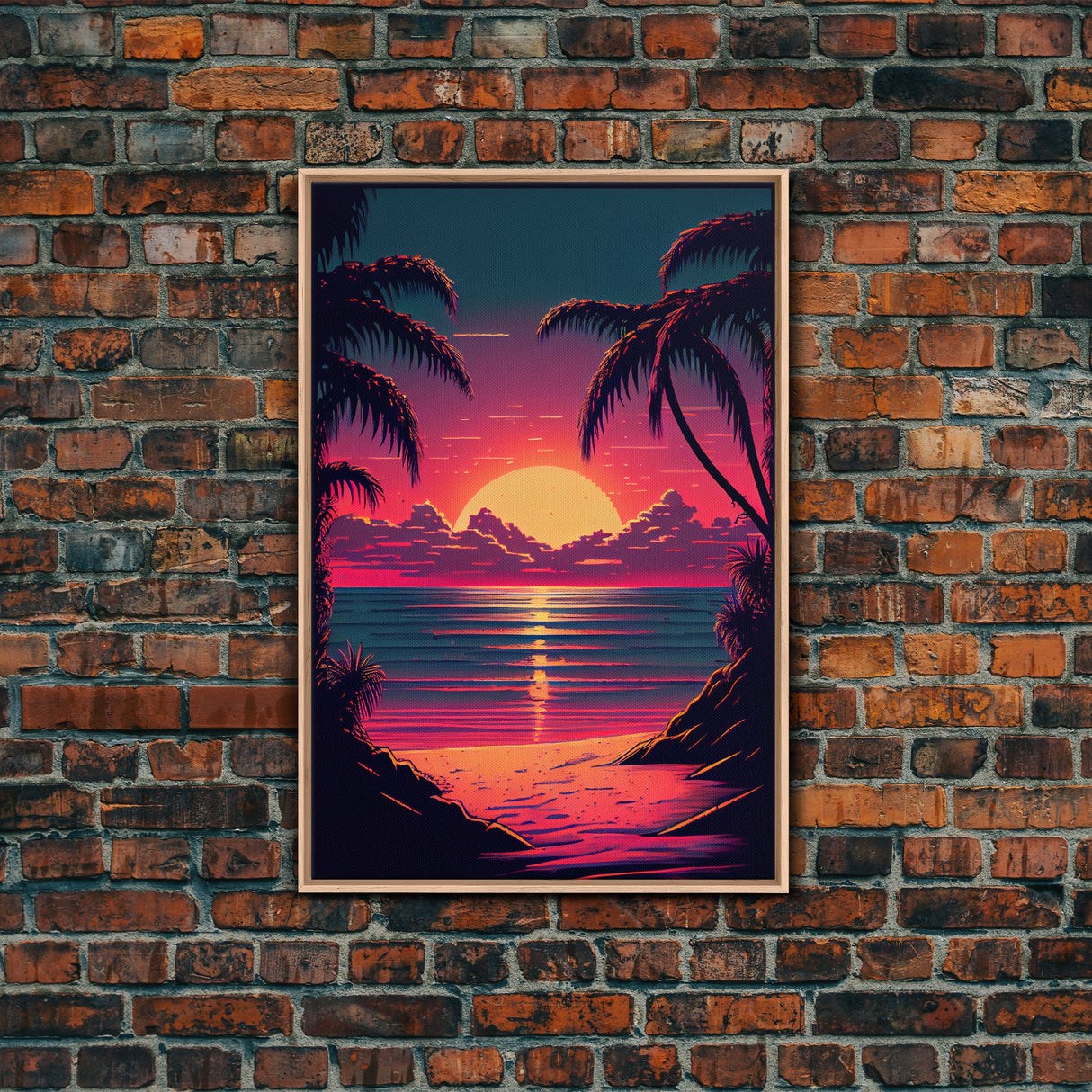 8 bit pixel art sunset, synthwave style palm tree beach, framed canvas print, framed wall art painting