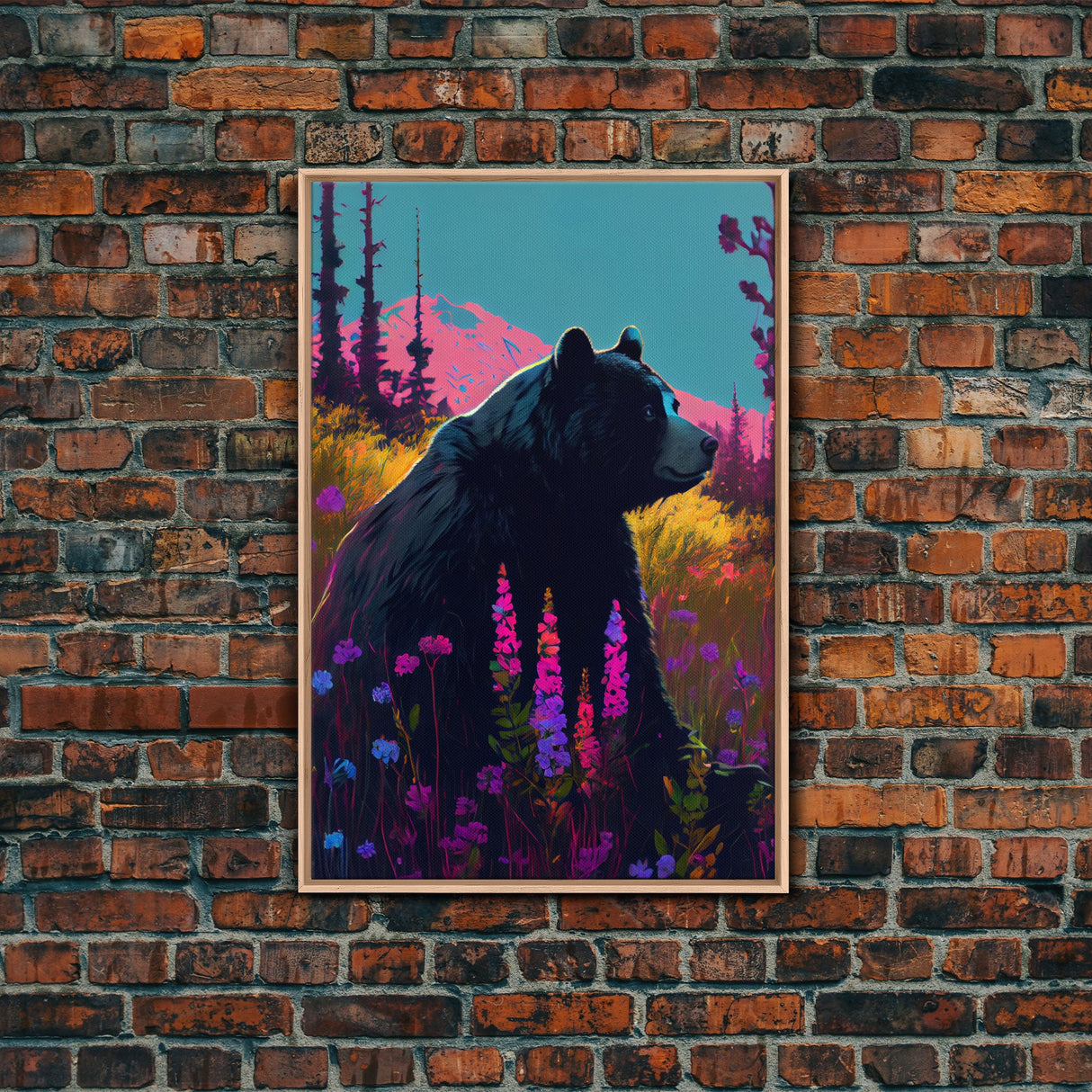 Cute brown bear stopping to smell the flowers, animal prints, framed canvas print, colorful unique wall art