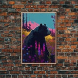 Cute brown bear stopping to smell the flowers, animal prints, framed canvas print, colorful unique wall art