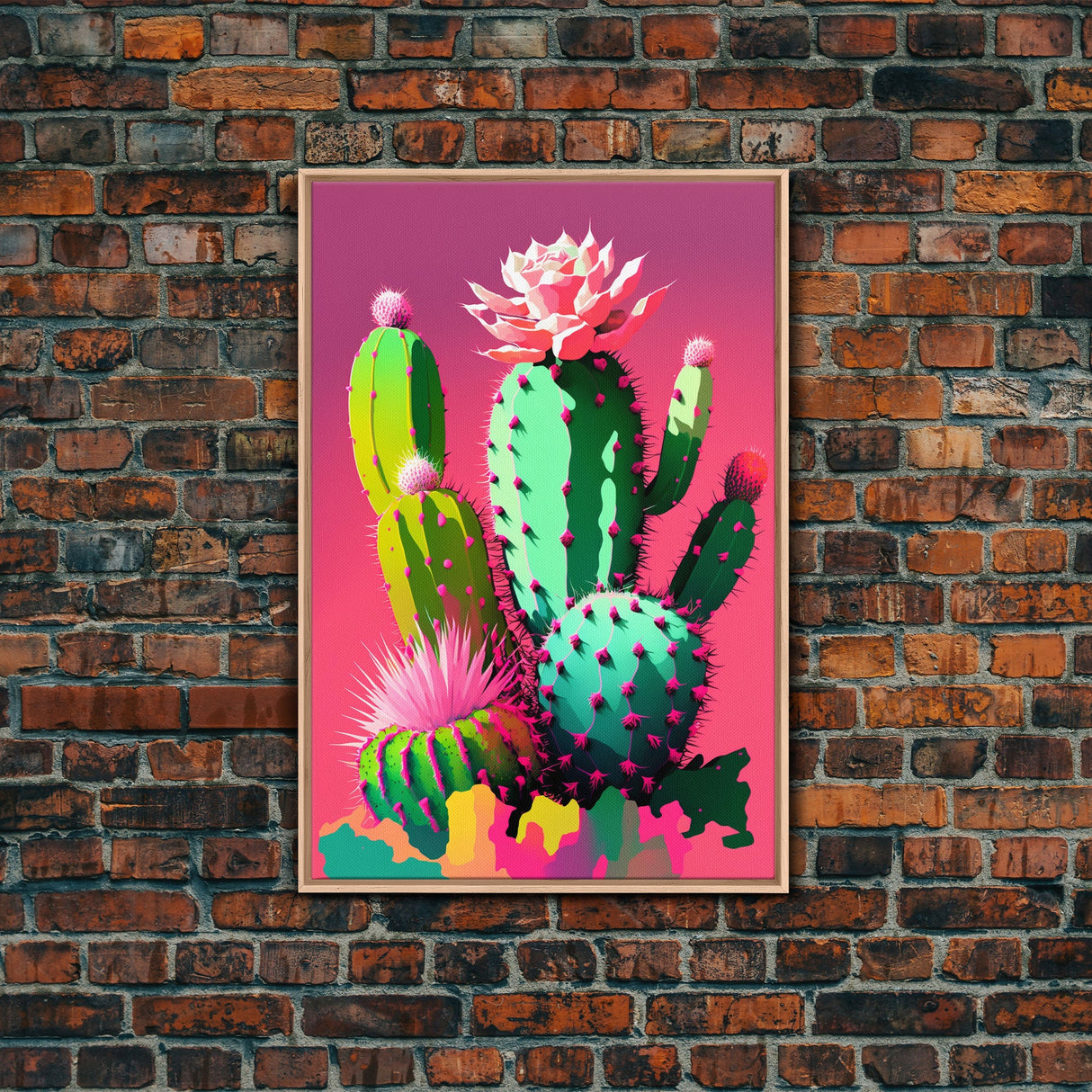 Cactus Art, Pop Art Style, Framed Canvas Print, Pueblo Style Midwest Decor, Western Art, Primitive Style Wall Art