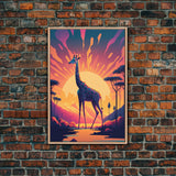 Retro Style Pop Art Giraffe Art, Synthwave Line Art, Framed Canvas Print, 80s Style Art, Outrun Style Animal Prints