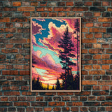 Pacific Northwest Forest Landscape Wall Art, Framed Canvas Print, Pink Cloudy Sunset Sky, Abstract Landscape Framed Art