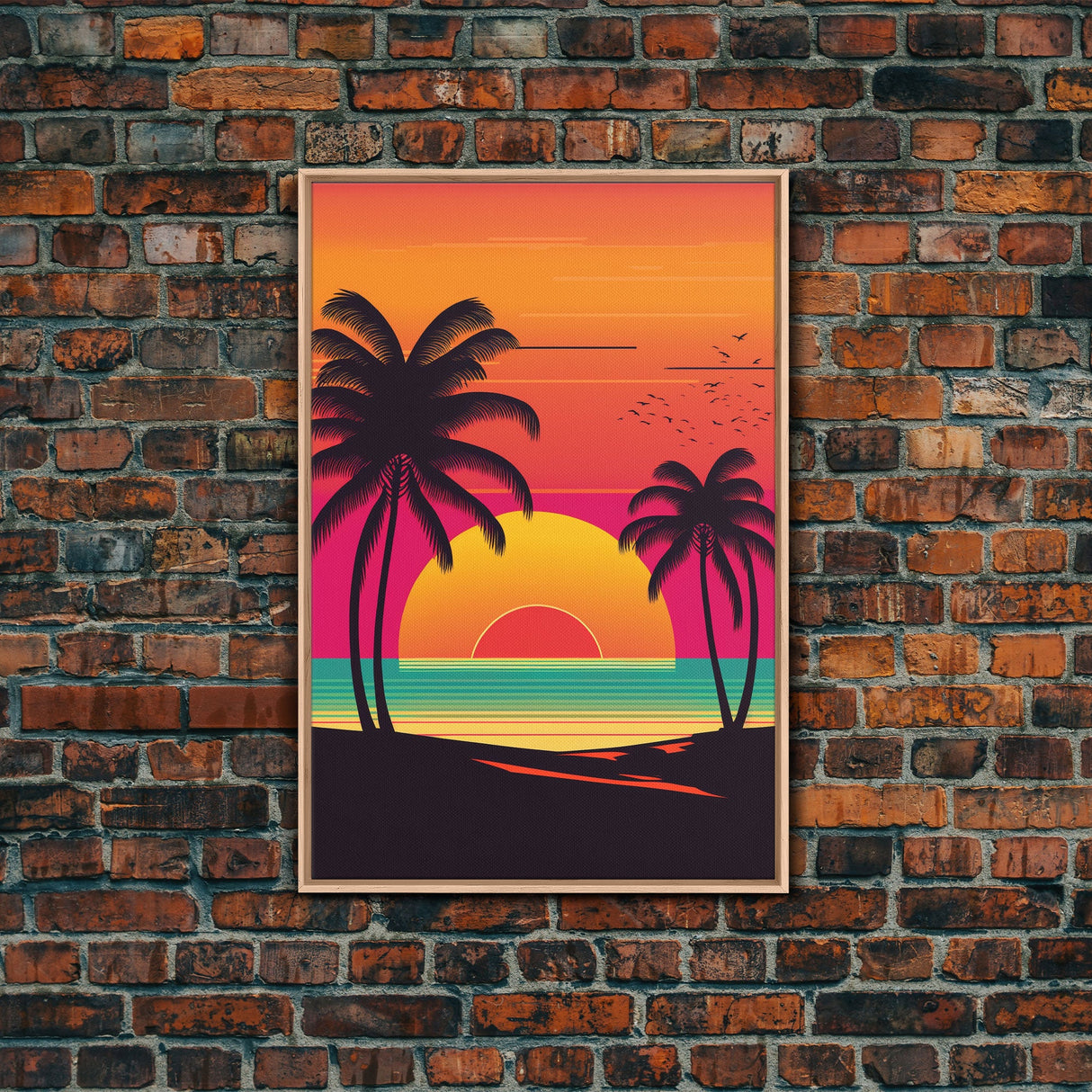 Retro Beach Vibes, Palm Trees at Sunset, Retrowave Landscape Art, Framed Canvas Print,  Florida Art, California Art, Game Room Decor