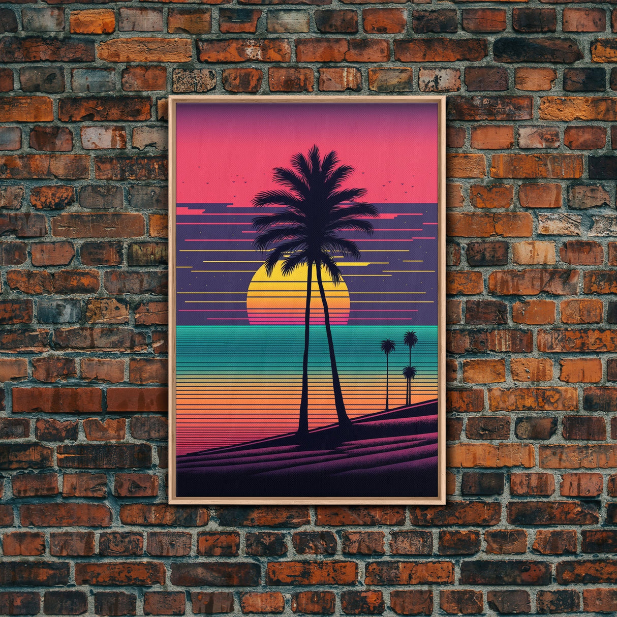 Framed Canvas Print | Art Deco Sunset, Beaches, Pop Art, Palm trees, Retro Style, Island Vibe | Vibrant and Colorful | Retro Style