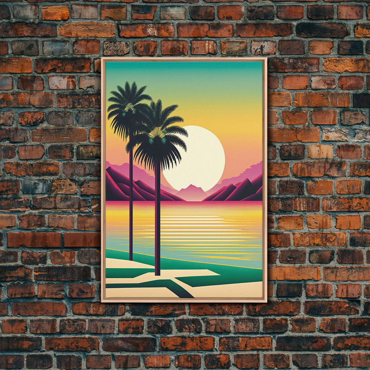 Framed Canvas Print - Art Deco Sunset Scene - Mountains, Palmtrees & Beaches - Retro Style Art - Living Room Decor