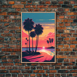 Framed Canvas Print - Art Deco Sunset, Beaches, Minimalist Palm Trees, Retro Synthwave, Vaporwave, 80s Vibes, Gamer Art, Bar Decor