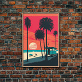 Retro Synthwave Art Deco Sunset Framed Canvas Print, Beaches, Palmtrees, Minimalist Style, Framed Art, Miami Art, California Decor