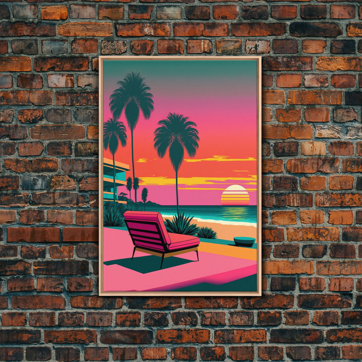 Framed Canvas Print – Art Deco Sunset Beach, Minimalist, Retro, Palm Trees, Synthwave, Vaporwave, Island Vibes, Lounging, Synthwave Deco