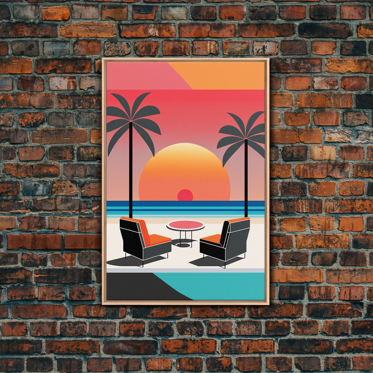 Framed Canvas Print - Art Deco Sunset, Minimalist Beach, Palm Trees, Retro Style, Synthwave, Vaporwave, Minimalist Abstract Decor